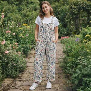 Cider Overalls Jumpsuit Size 3XL Lightweight Corduroy - Cream Floral & Bug Print